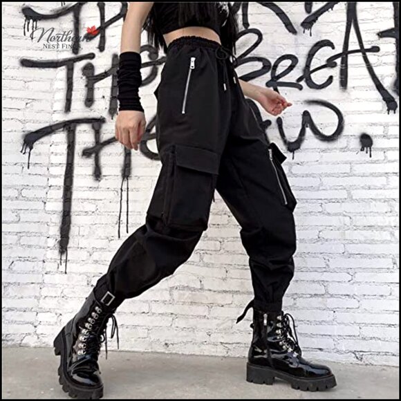 Black Cargo Pants Women Loose Multi-Pocket Punk Goth Pants XS S - Picture 2 of 7